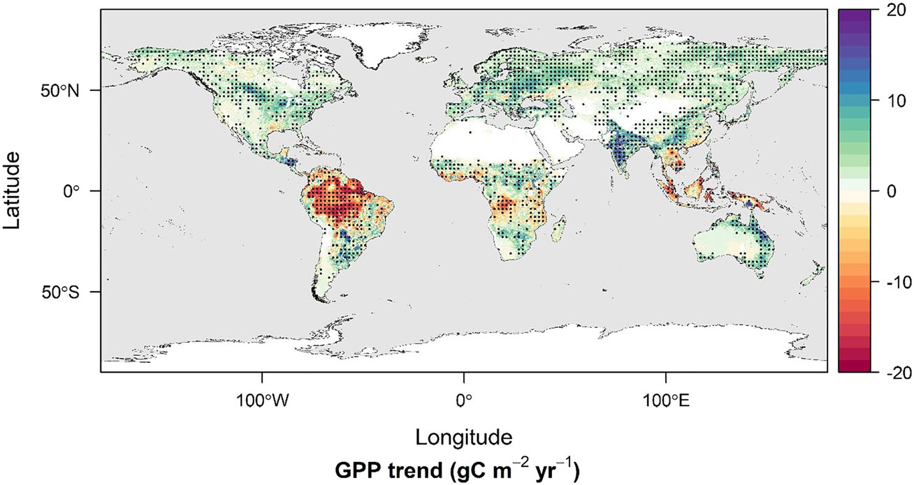 Flat world map showing where carbin uptaek increases in norther latitudes and where it decreases in the tropics.