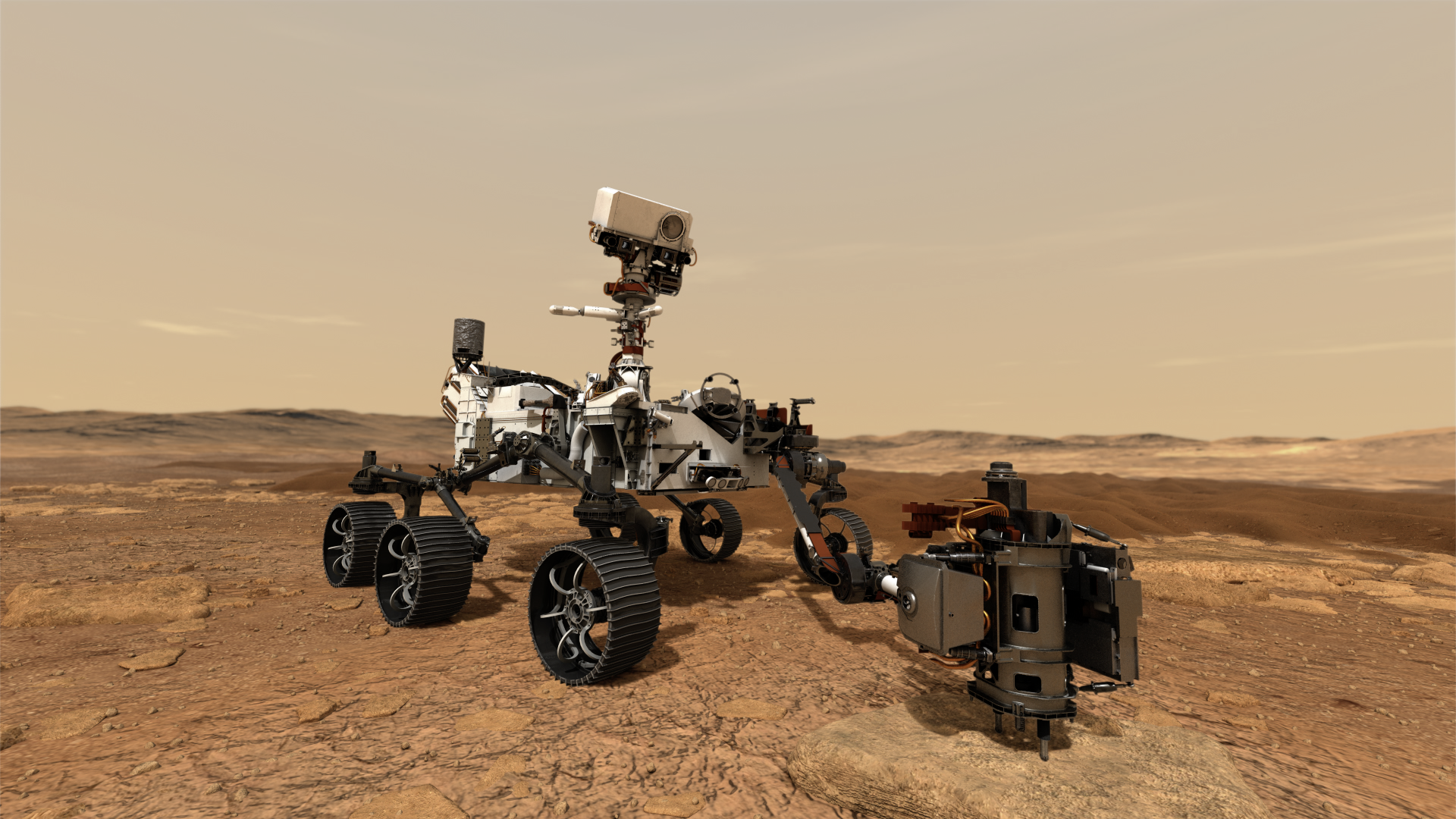 An artist's illustration of a Mars rover drilling on the Martian surface. It is a slender white vehicle with six wide gray wheels with narrow tires. A camera is mounted on a long "neck" atop the rover. The ground is reddish-orange and dusty, and the sky is a soft dusty orange.