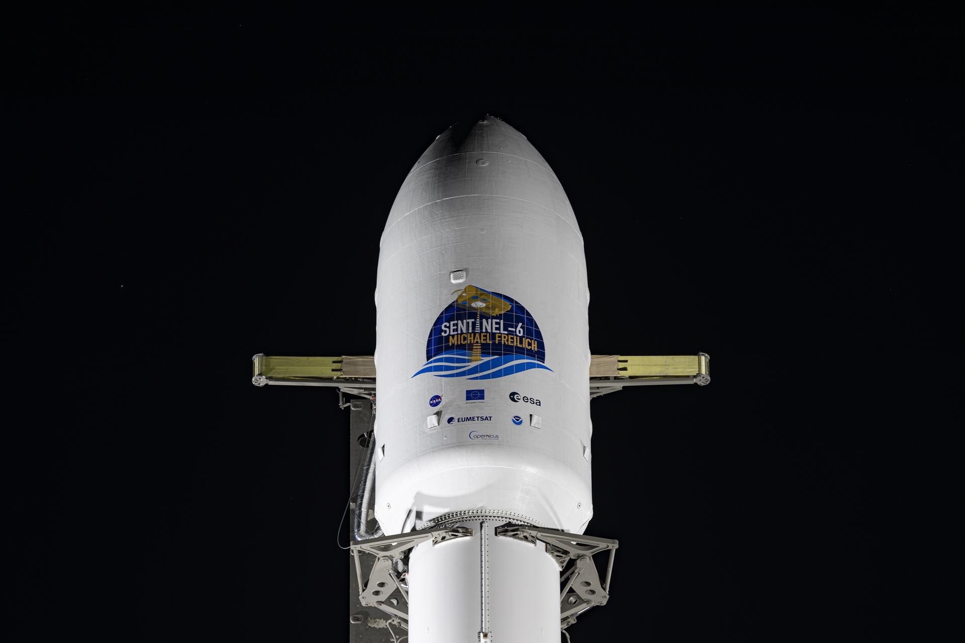 Secured in the payload fairing is the Sentinel-6 Michael Freilich satellite atop a SpaceX Falcon 9 rocket.