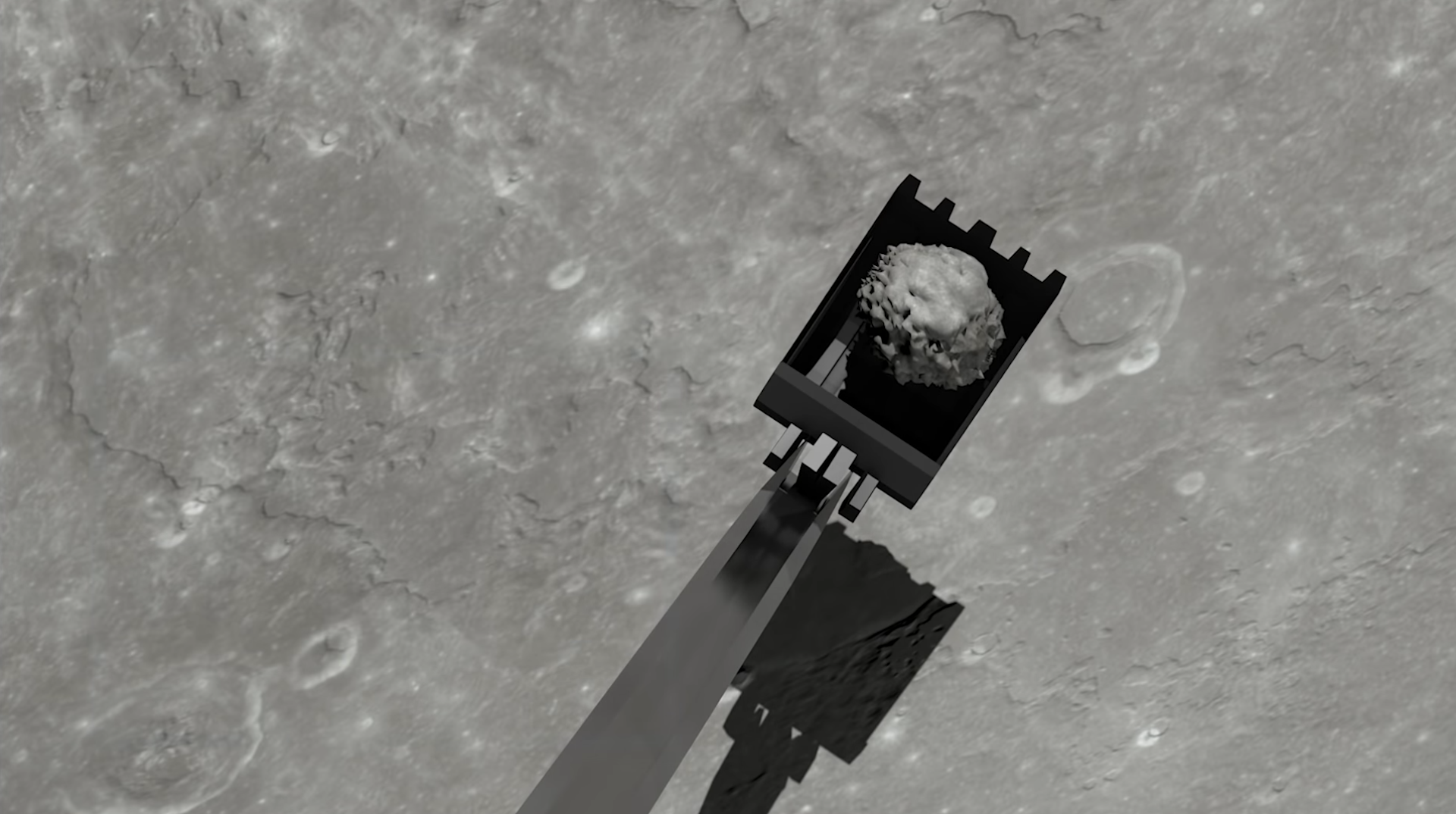 Illustration of robotic arm on lunar lander collecting lunar sample