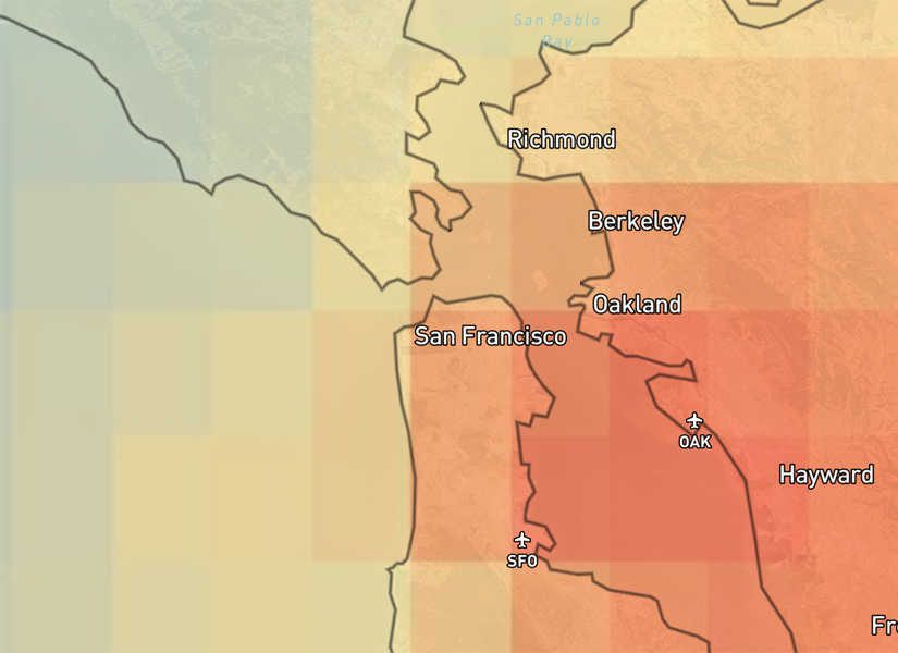 Color map of the San Francisco area, the San Francisco area and to the right are red and orange and the other areas fade from yellow to green-blue