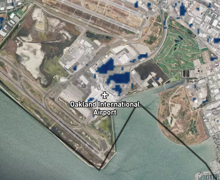 satellite image of San Francisco airport with Oakland International Airport labeled 
