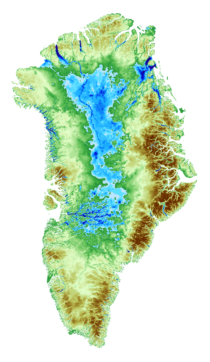 Elevation map of Greenland with red lines on the west showing the distance thinning glaciers spread inland.