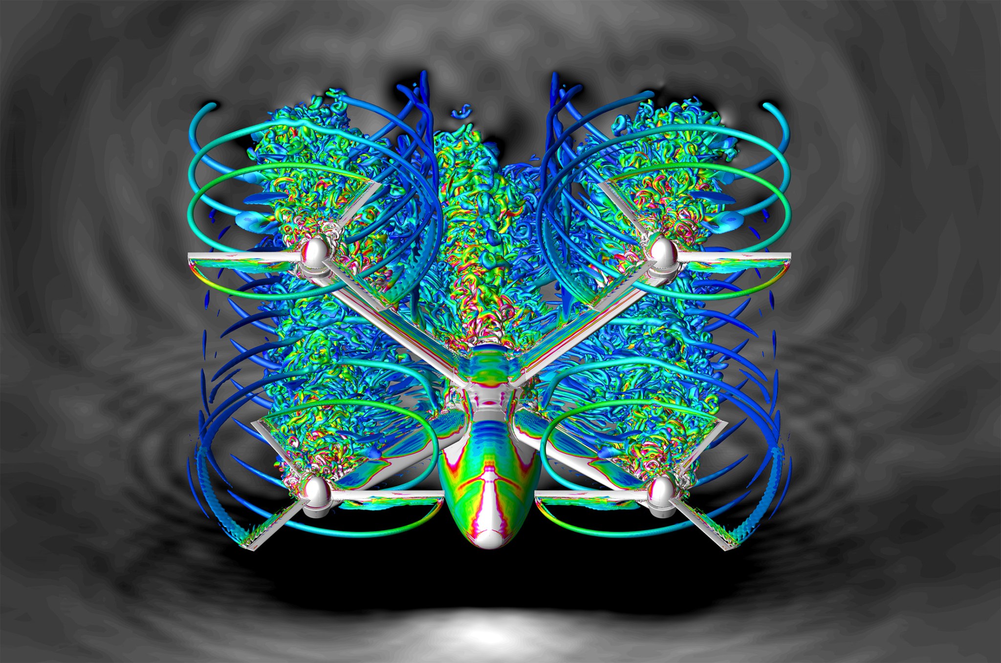 A concept for a six-passenger quadcopter is run through a computer simulation to visualize the interaction of airflow among the 