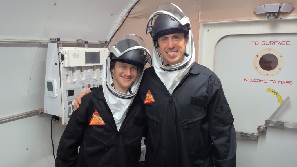 Crew Health and Performance Exploration Analog (CHAPEA) Mission 2 science officer, Matthew Montgomery and CHAPEA Mission 2 commander, Ross Elder in the airlock ready to go on an EVA.