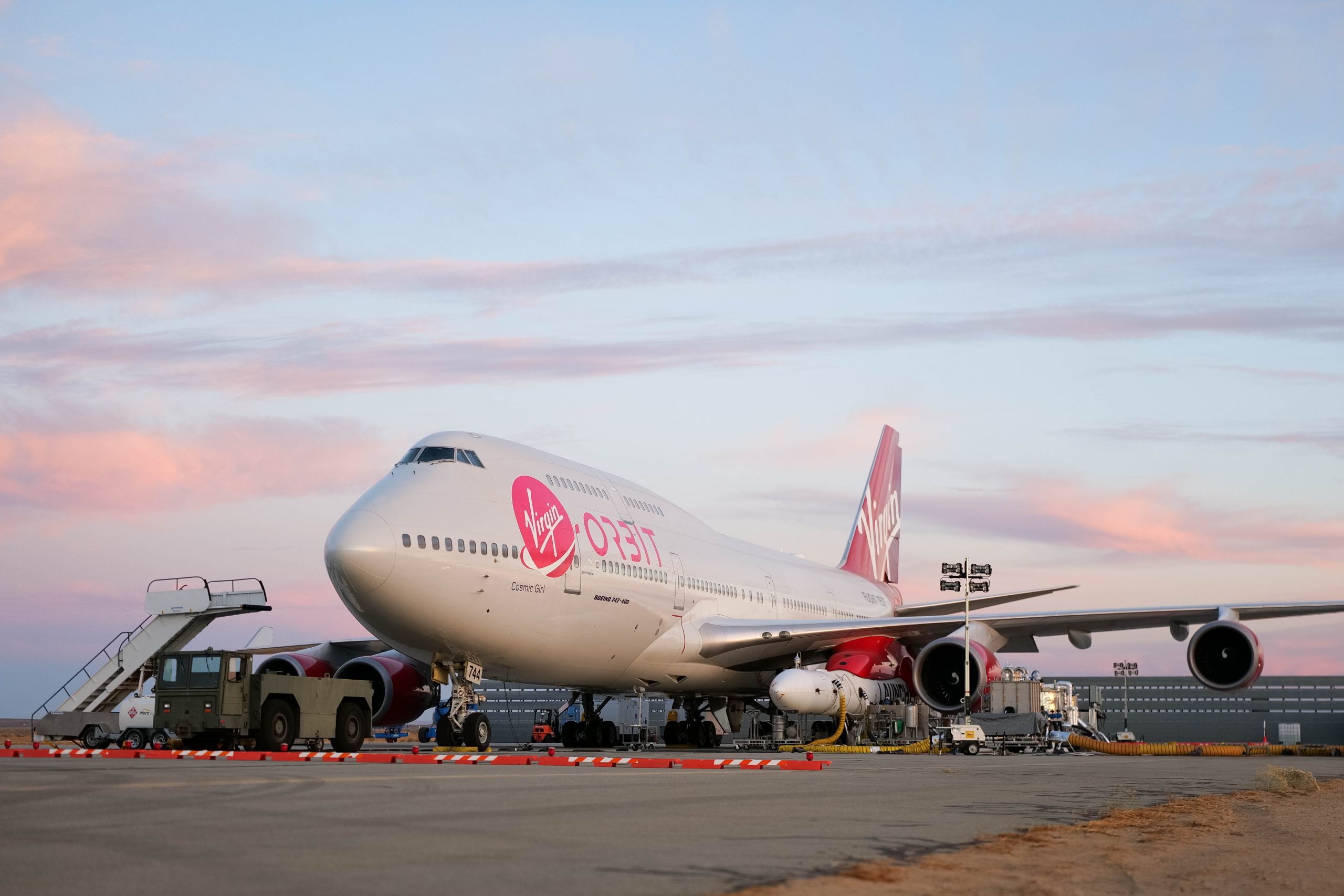 Virgin Orbit’s LauncherOne system undergoes final preparations on a taxiway at Mojave Air and Space Port ahead of the company’s Launch Demo 2 mission. Taken in late December 2020. Photo: Virgin Orbit/Greg Robinson.