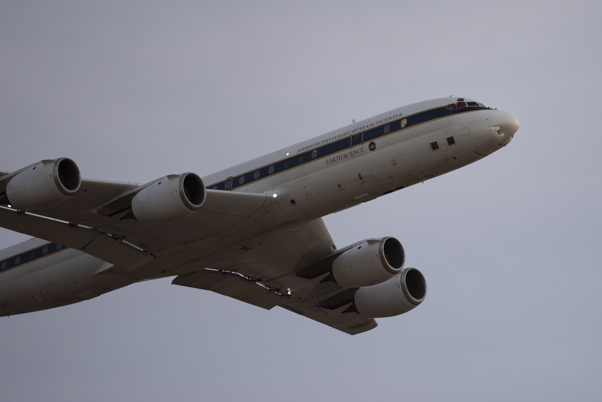 DC-8 lifts off from Air Force Plant 42 in Palmdale, Calif., at sunset.