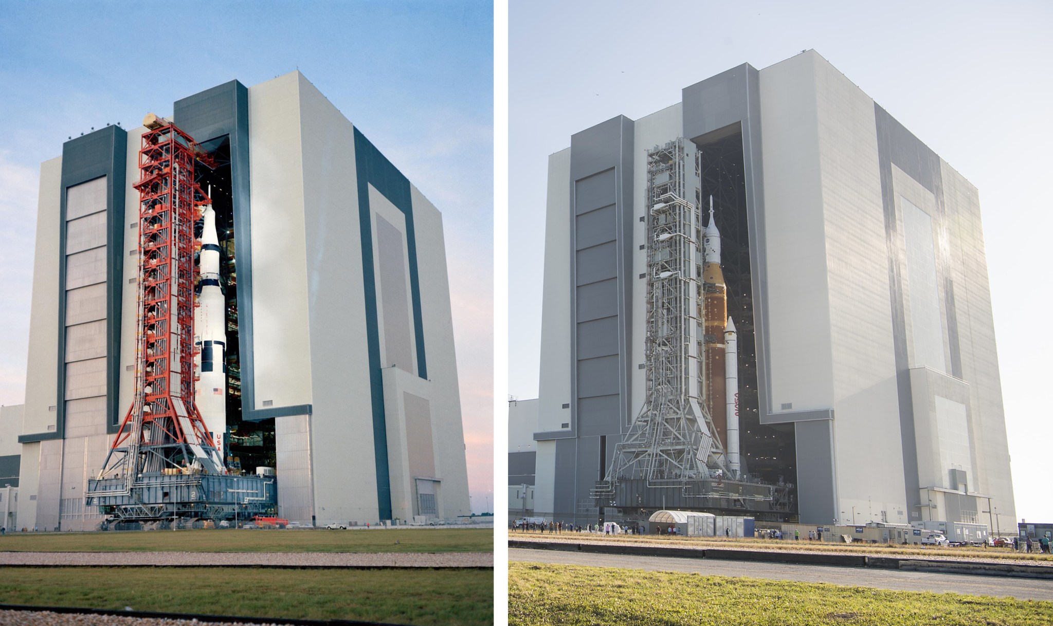 Kennedy Space Center's Vehicle Assembly Building with rockets.