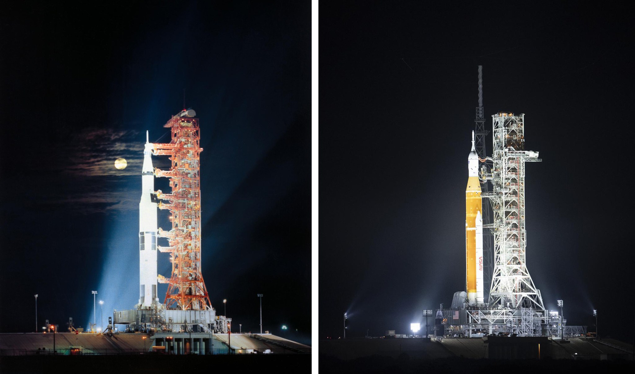 Apollo 17 on the right and the Space Launch System rocket on left each on the launch pad. 
