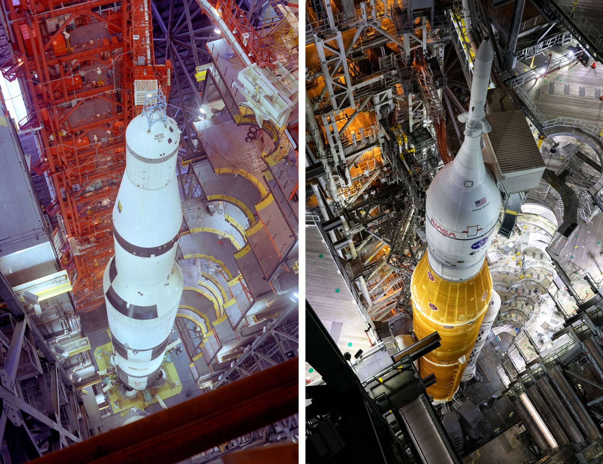 Saturn V rocket on the left, Space Launch System and Orion spacecraft on the right.