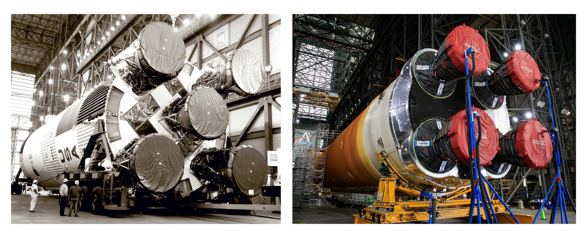 A side by side comparison of the Saturn V rocket's first stage that flew on the Apollo 11 mission and the core stage of the Space Launch System rocket that will fly on Artemis I.