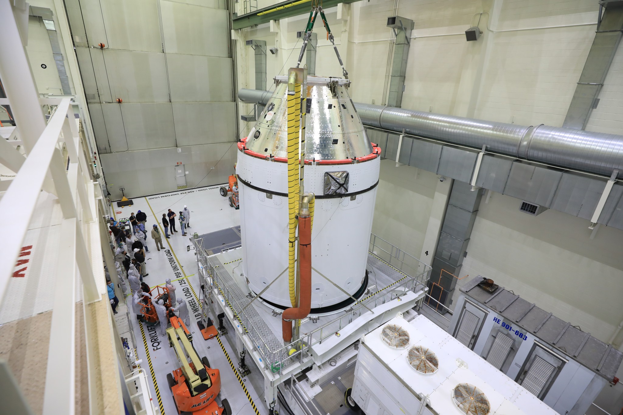Orion is revealed for one of the final times on Jan. 14, as it is readied atop its transport pallet. 