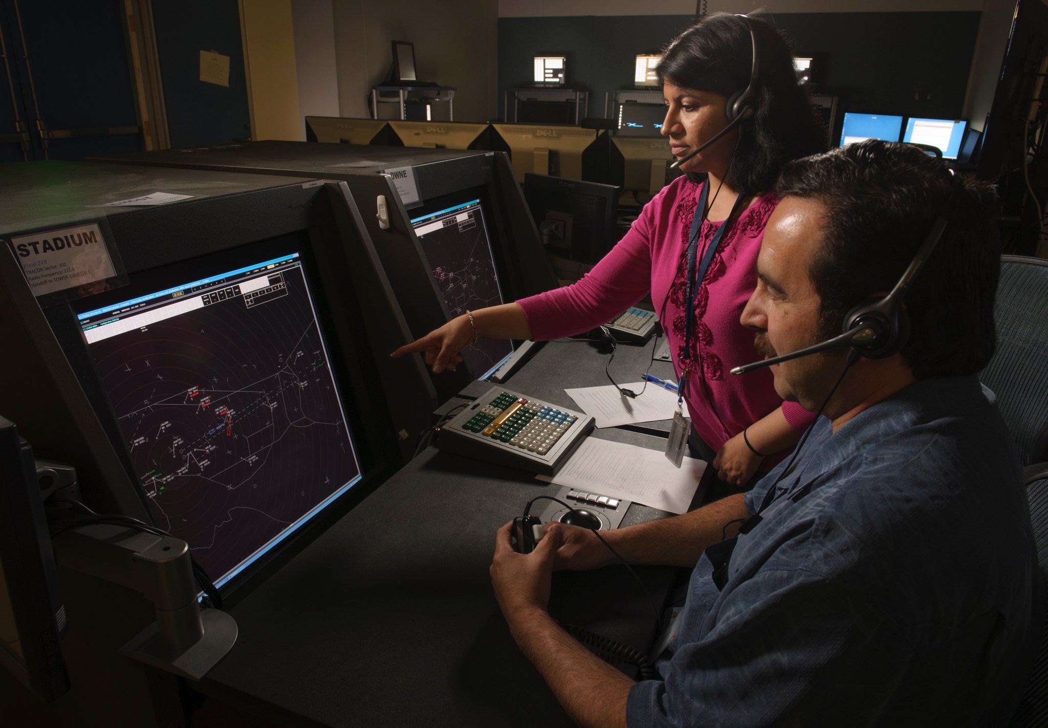 The Terminal Tactical Separation Assured Flight Environment (T-TSAFE) simulation activity in the Air Traffic Control Tower Lab.