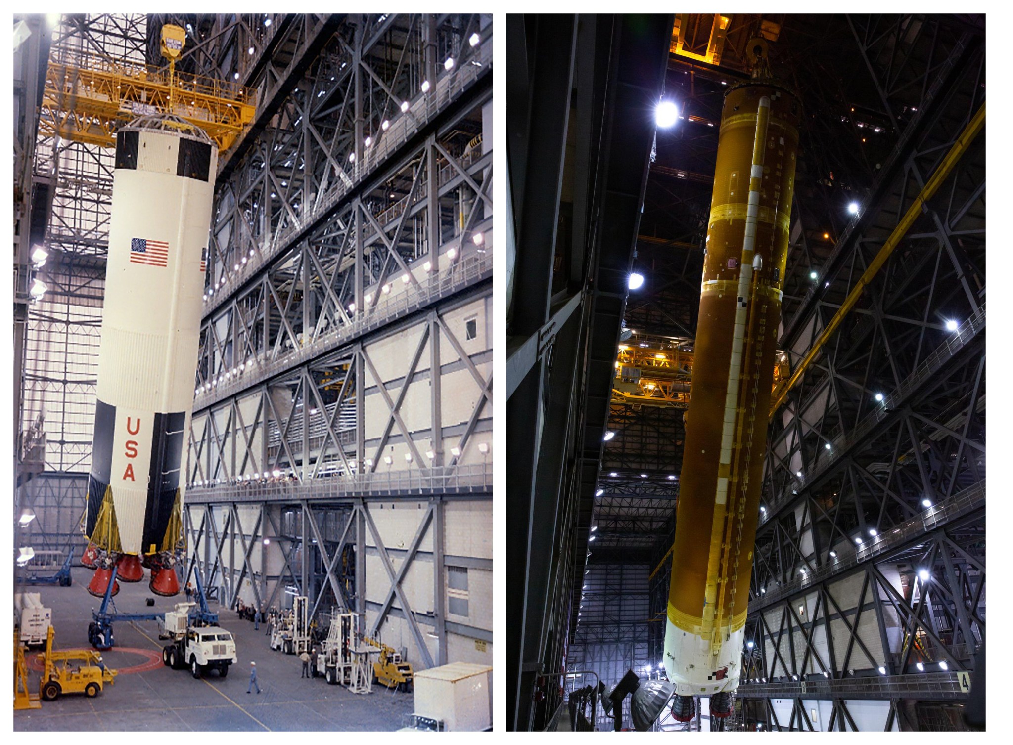 A side-by-side comparison of the first stage of the Saturn V Apollo Moon rocket and the core stage of the Space Launch System for Artemis missions to the Moon.