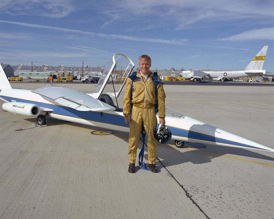Richard E. “Dick” Gray with the AD-1 oblique wing experimental aircraft, lost his life during a pilot proficiency flight.