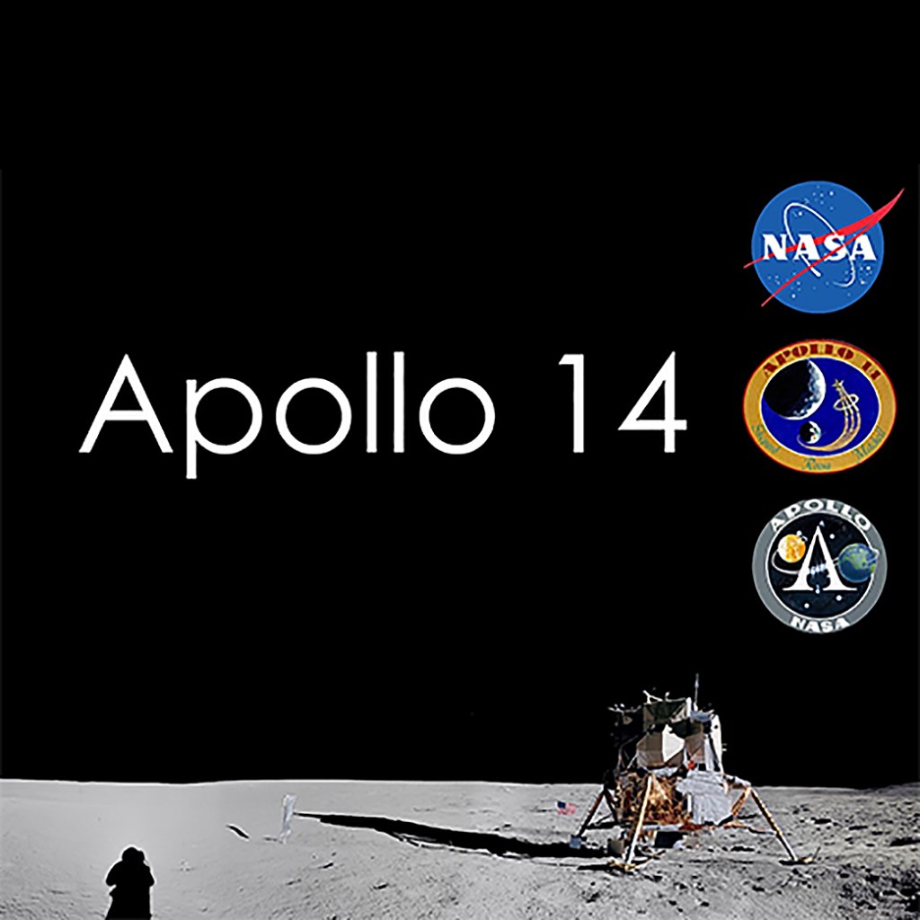 Title slide of the Apollo 14 presentation featuring an image of a lunar lander and astronaut&rsquo;s shadow on the Moon with the NASA