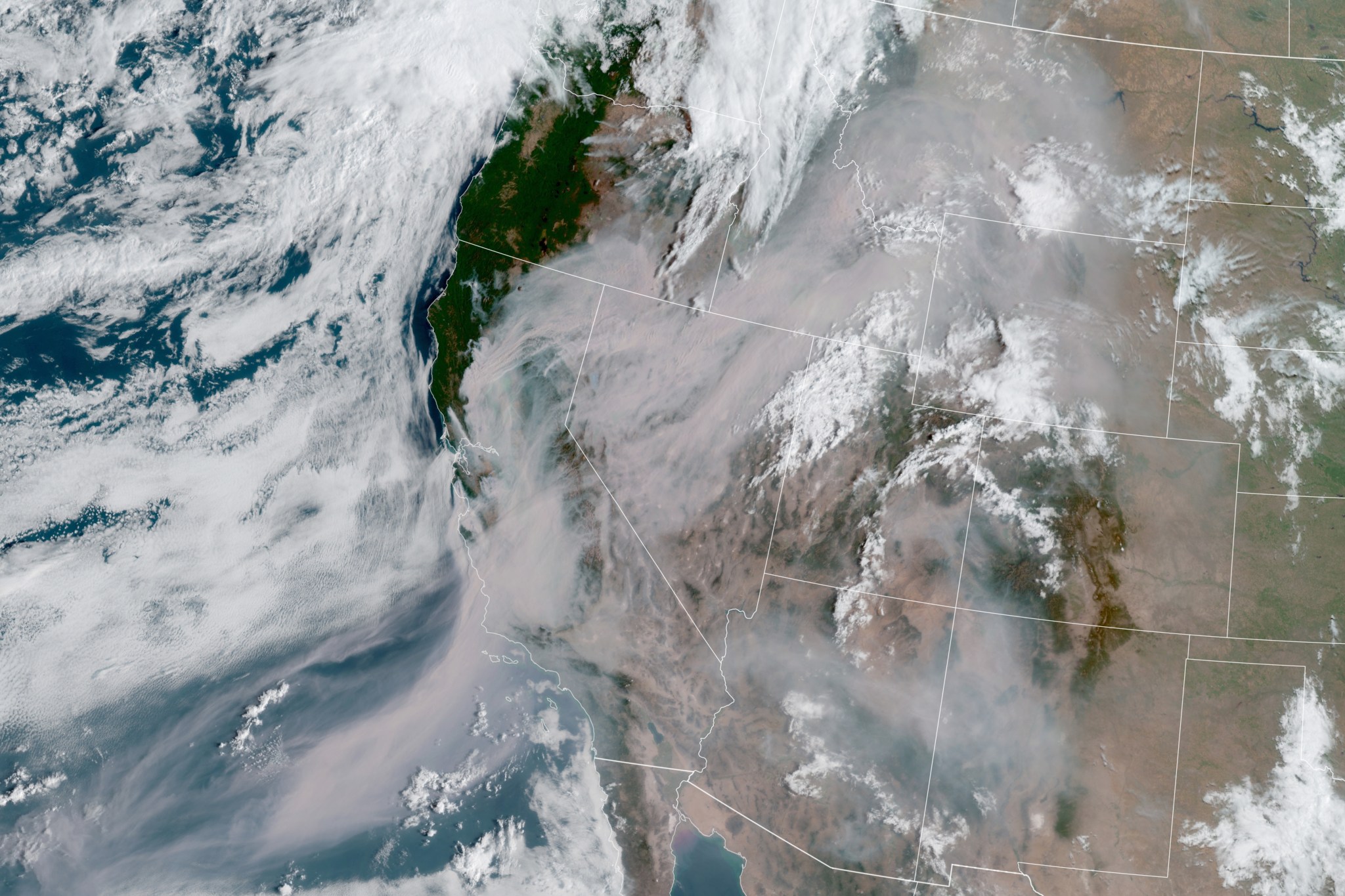 Wildfire smoke shrouds the western U.S. on August 20, 2020.