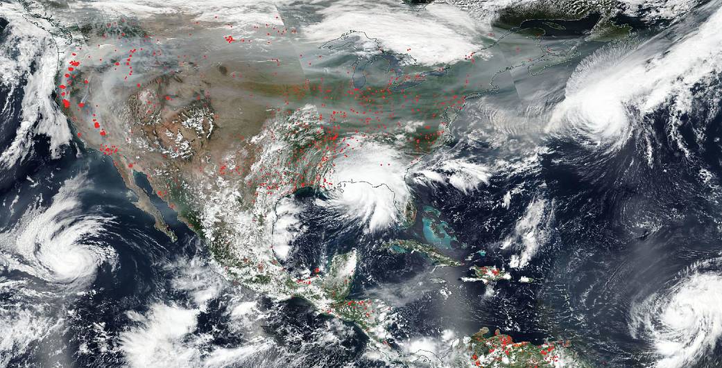 Satellite image showing fires (red dots) in the U.S. as Hurricane Sally makes landfall.