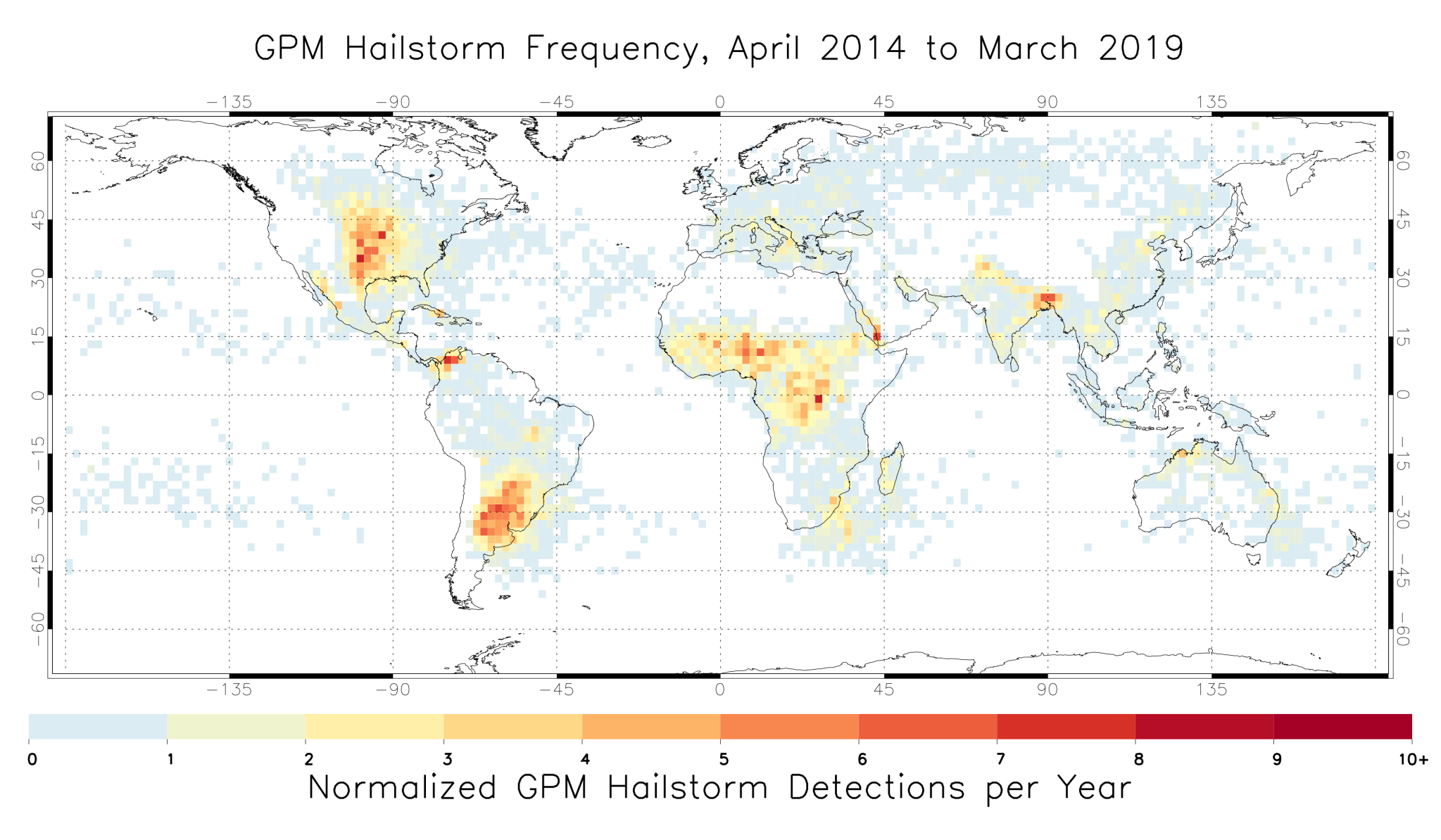 Climatology of annual frequency of hailstorms, detected between April 2014 and March 2019.
