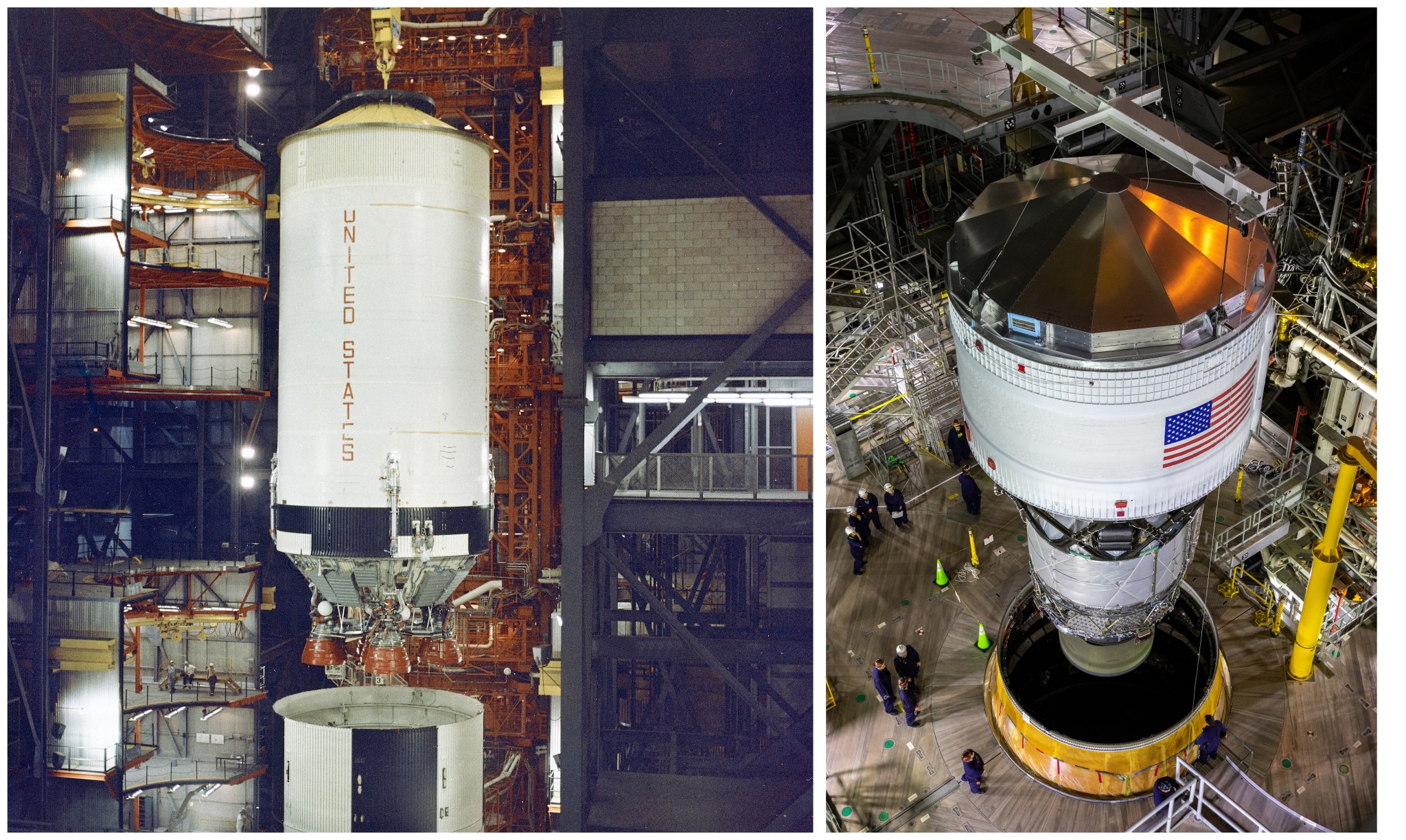 A side-by-side comparison of the second stage of the Saturn V rocket getting stacked on top of the rocket's first stage during the Apollo Program and stacking of the interim cryogenic propulsion stage for the Artemis Space Launch System rocket.