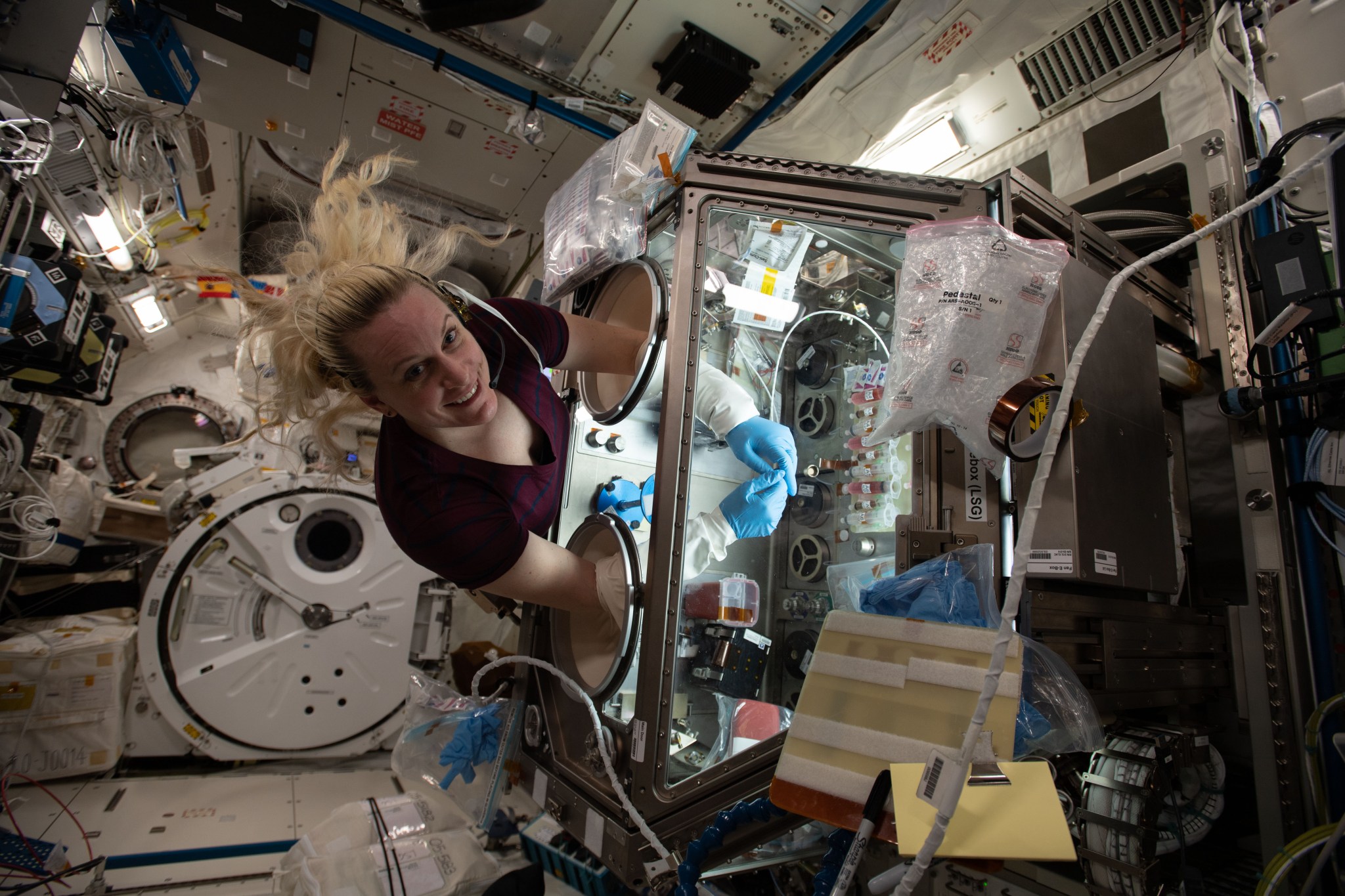 NASA astronaut and Expedition 64 Flight Engineer Kate Rubins works inside the Life Sciences Glovebox conducting research