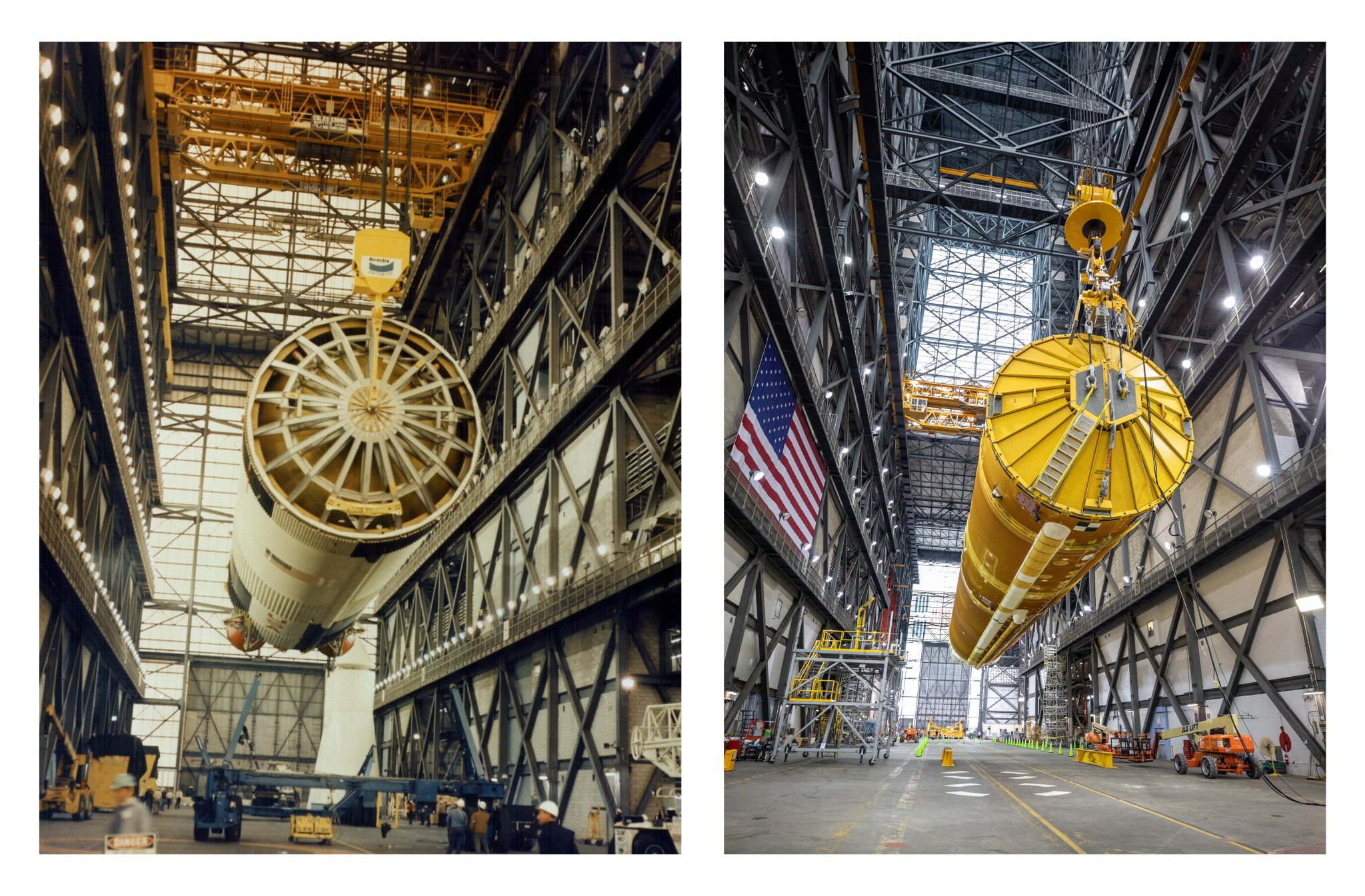 A side-by-side comparison of the Saturn V first stage used for Apollo missions to the Moon and the Space Launch System core stage that will be used for Artemis missions to the Moon.