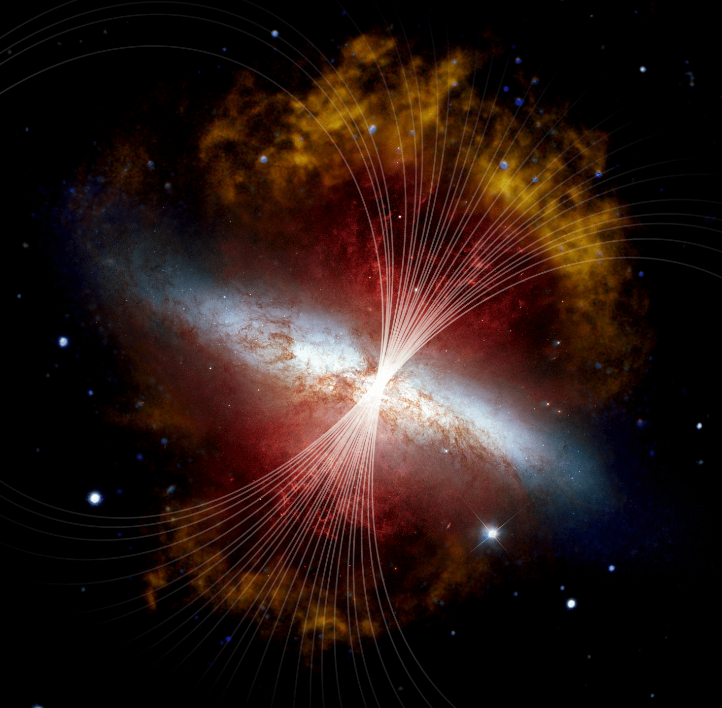 Magnetic fields in Messier 82, or the Cigar galaxy, are shown as lines over a white, red and yellow image of the galaxy.