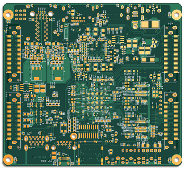 What looks like a photo of a printed circuit board is actually a computer-generated simulation based on computer-aided design.