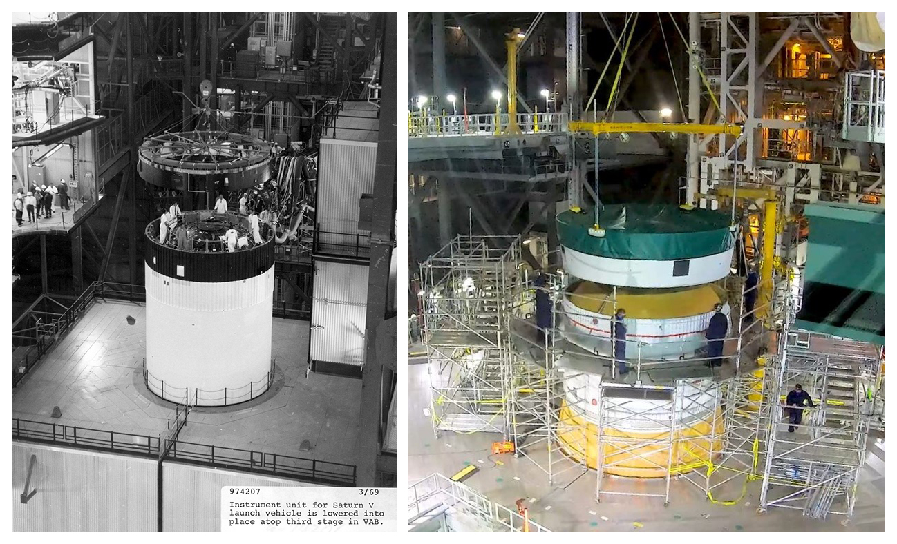 A side-by-side comparison of flight hardware getting stacked on NASA's Moon rockets. On the left is the Saturn V rocket from the Apollo Program, and on the right is the Space Launch System rocket for Artemis missions.