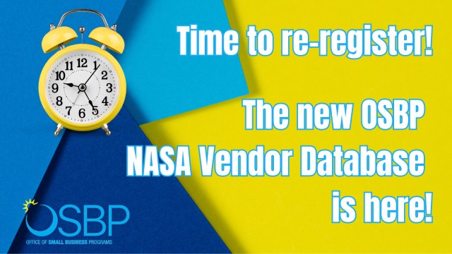 Graphic of clock and the message to re-register for NASA Vendor Datebase