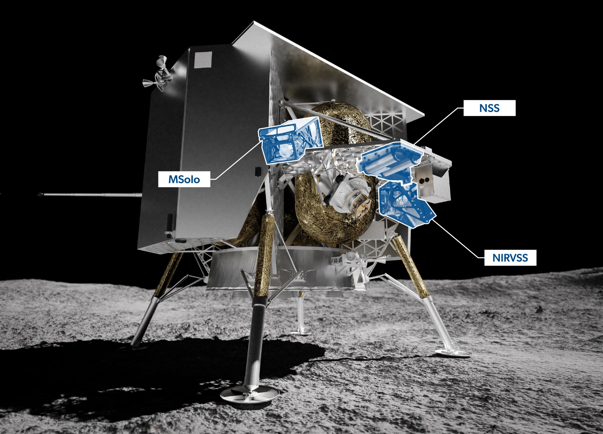 A lunar lander on the surface of the Moon, with three instruments attached to its side highlighted in blue.