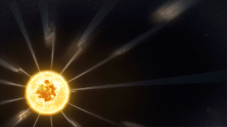 Animation showing S-shaped kinks in the magnetic field traveling out from the Sun