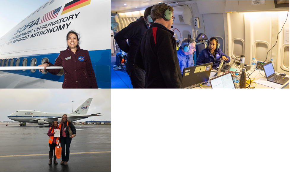 Top: Photos outside and inside SOFIA. Bottom: Getting ready to board SOFIA in New Zealand (August 2019) with a guest astronomer.