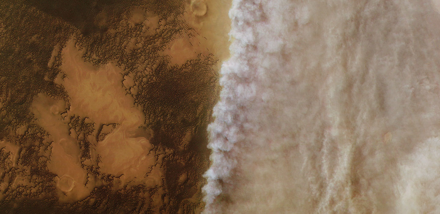A dust storm rolls across Mars in this April 2018 image from the European Space Agency’s Mars Express spacecraft. 