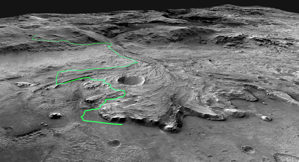 Annotated mosaic depicts a possible route the Mars 2020 Perseverance rover could take across Jezero Crater