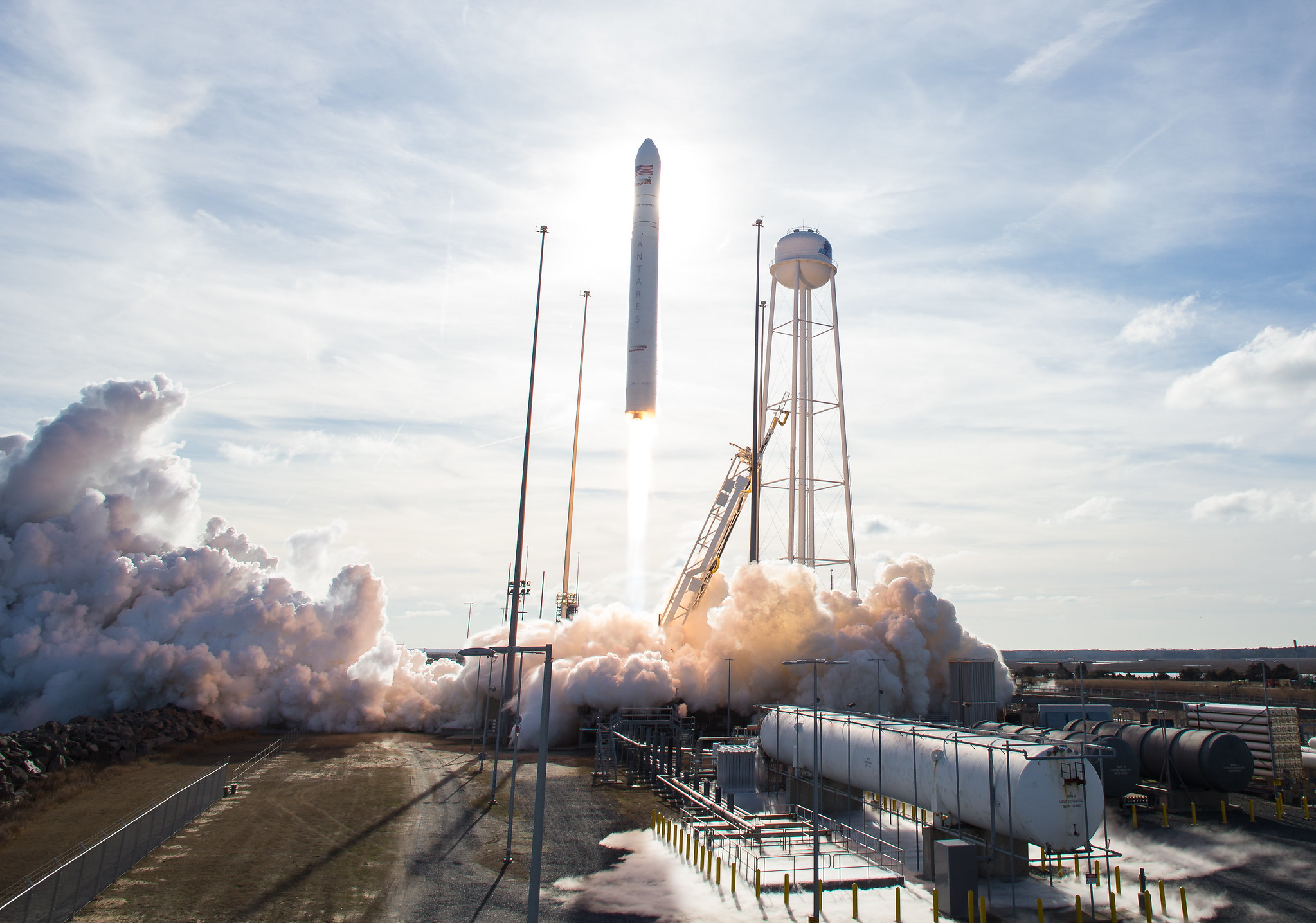 The Northrop Grumman Antares rocket, with Cygnus resupply spacecraft onboard, is seen launching from Pad-0A at NASA's Wallops
