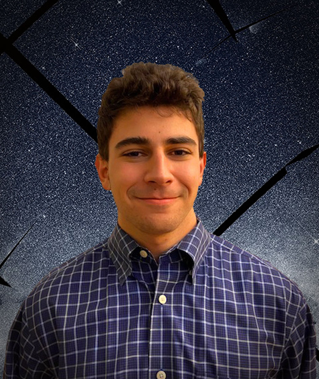 Intern Adam Freidman, male with brown hair wearing a blue checkered shirt,  stands in front of a TESS image of a night sky with billions of stars. 