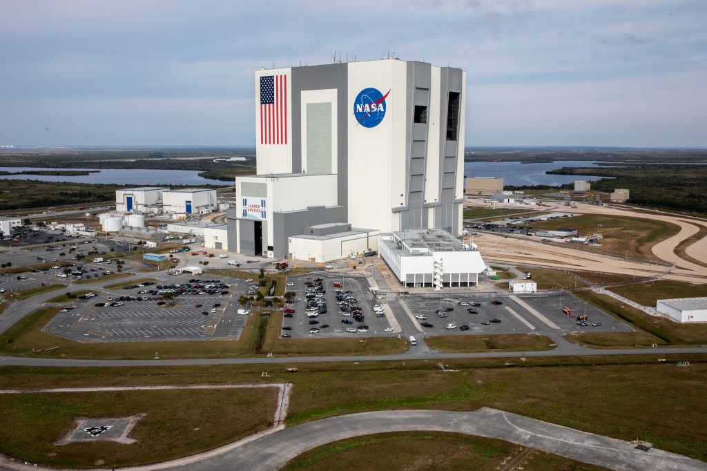 An aerial view of the Vehicle Assembly Building at NASA's Kennedy Space Center in Florida.