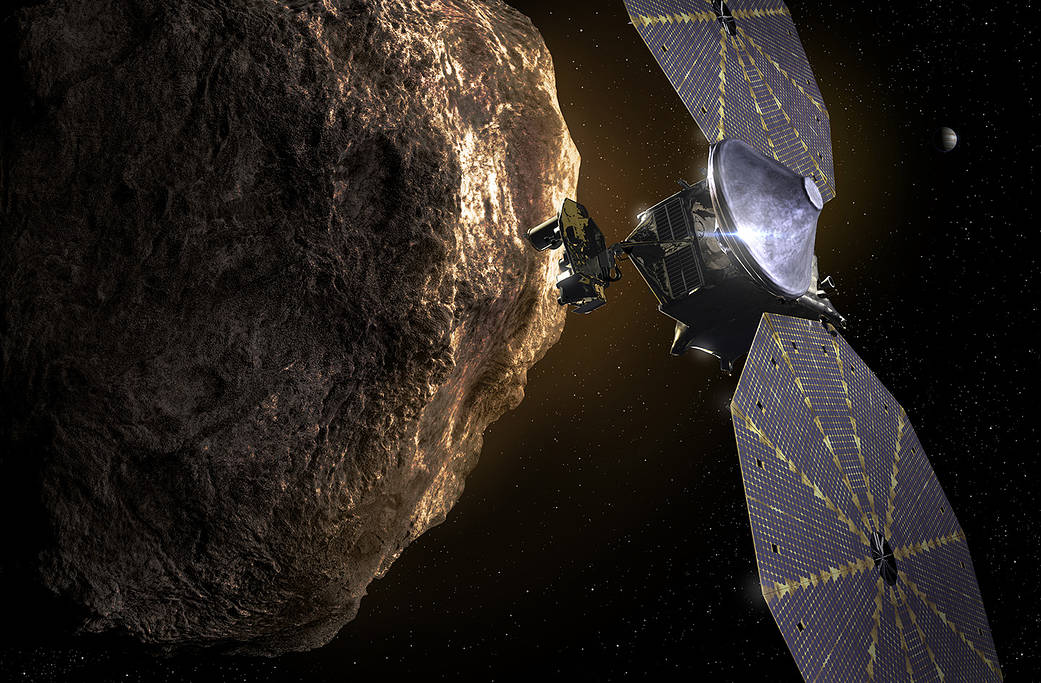 An artist renditioning of NASA’s Lucy mission - the first to explore the Trojan asteroids.
