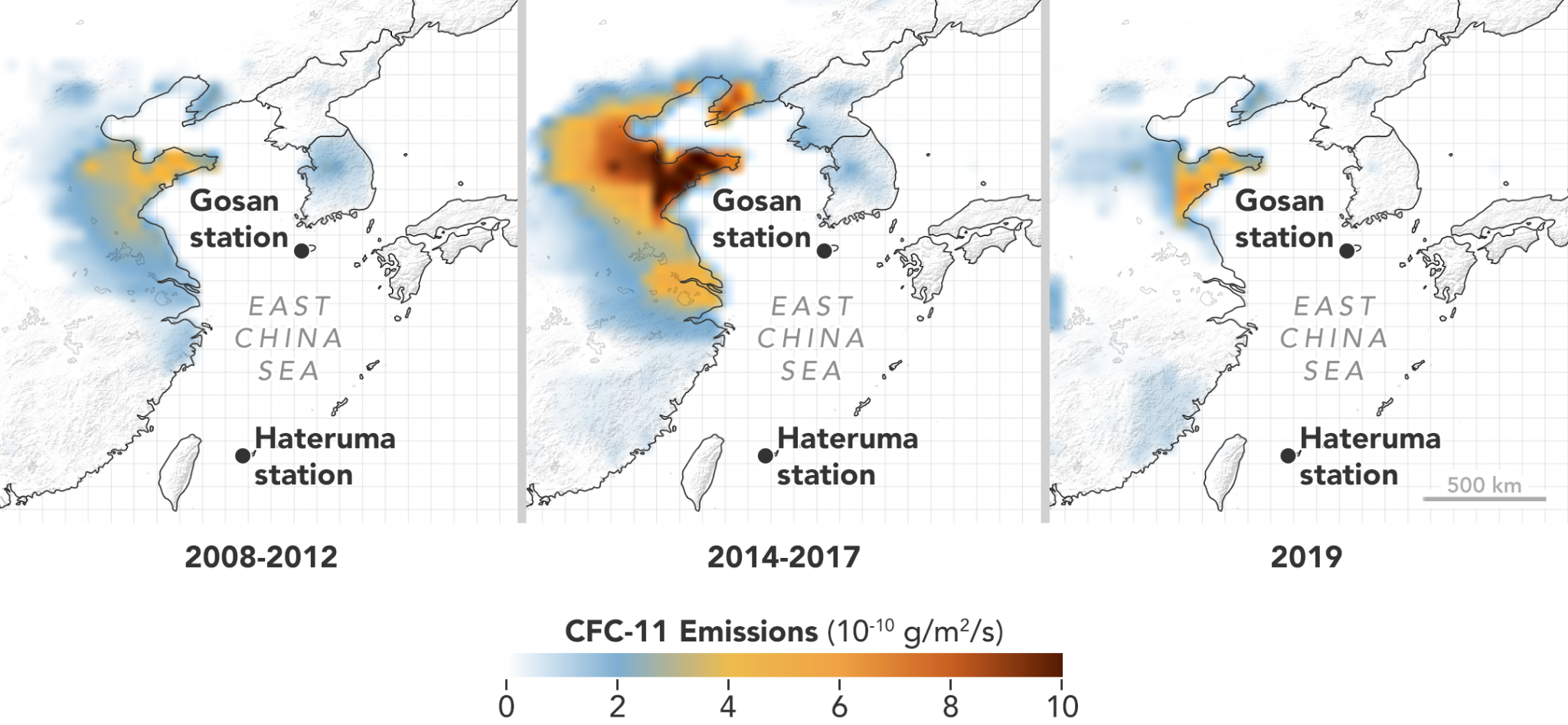 A map of stations showing the increase in CFC-11 emissions and the drop that followed their detection.