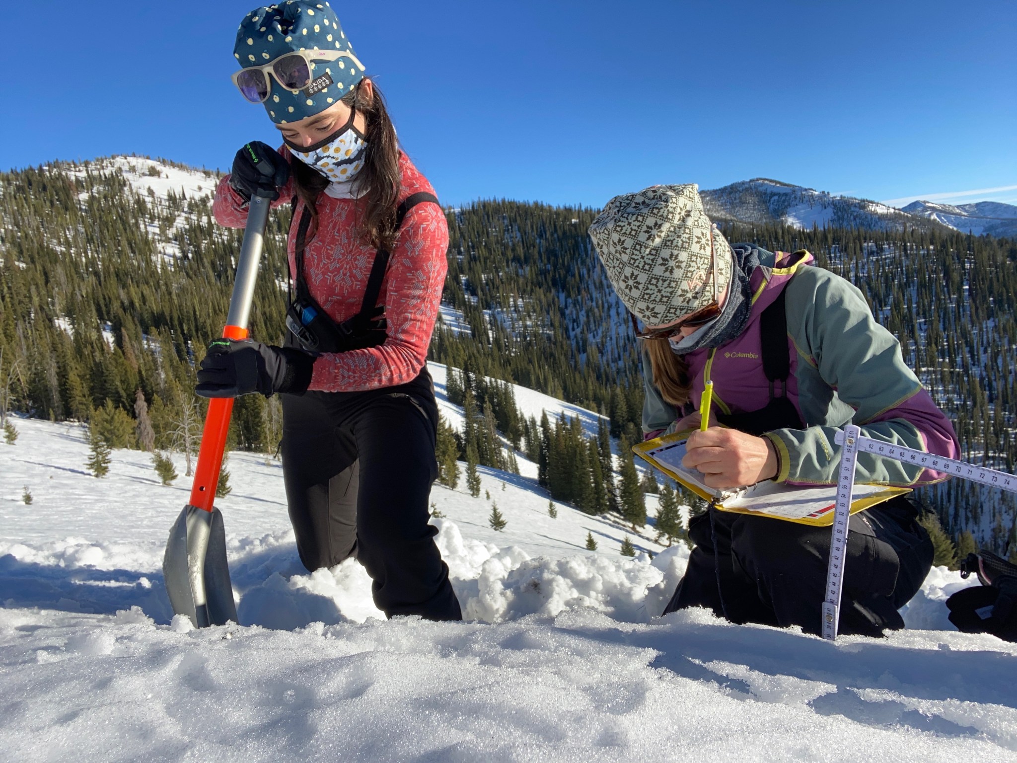 Snow scientists taking handheld measurements on a snowy hill.