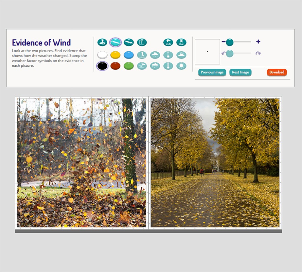Online drawing tool with pictures of leaves blowing in the wind and people walking on leaf strewn street