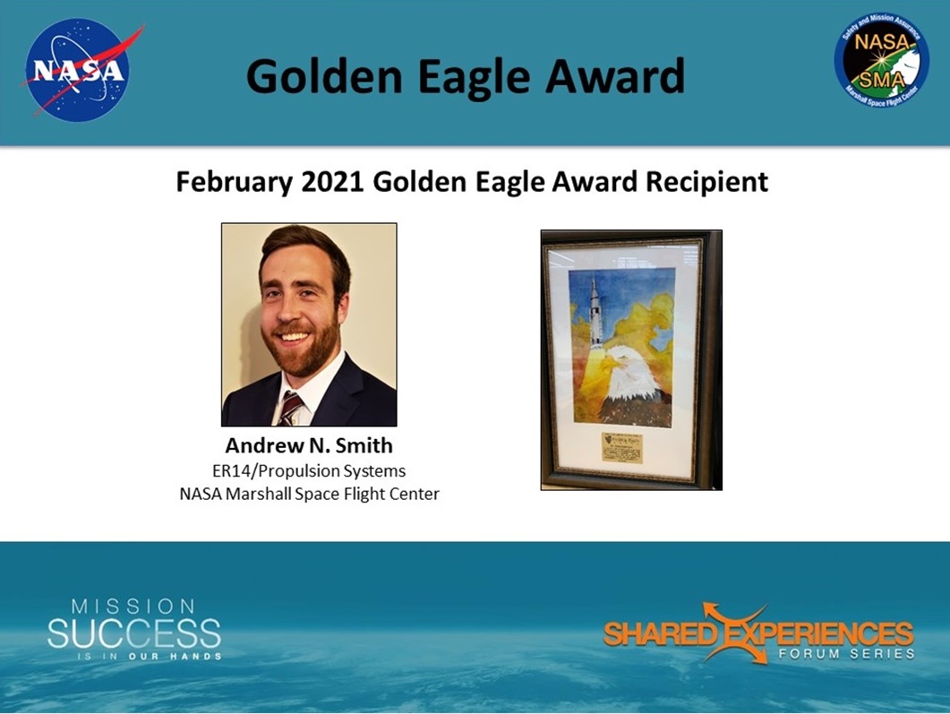 Andrew Smith is recognized with the Golden Eagle Award for his role in assuring a safe test of a valve for NASA’s SLS rocket. 