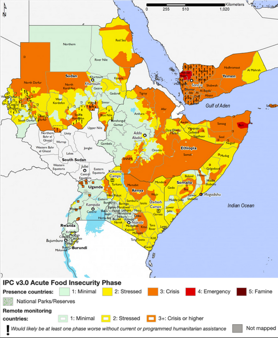 map of Eastern Africa showing famine potential