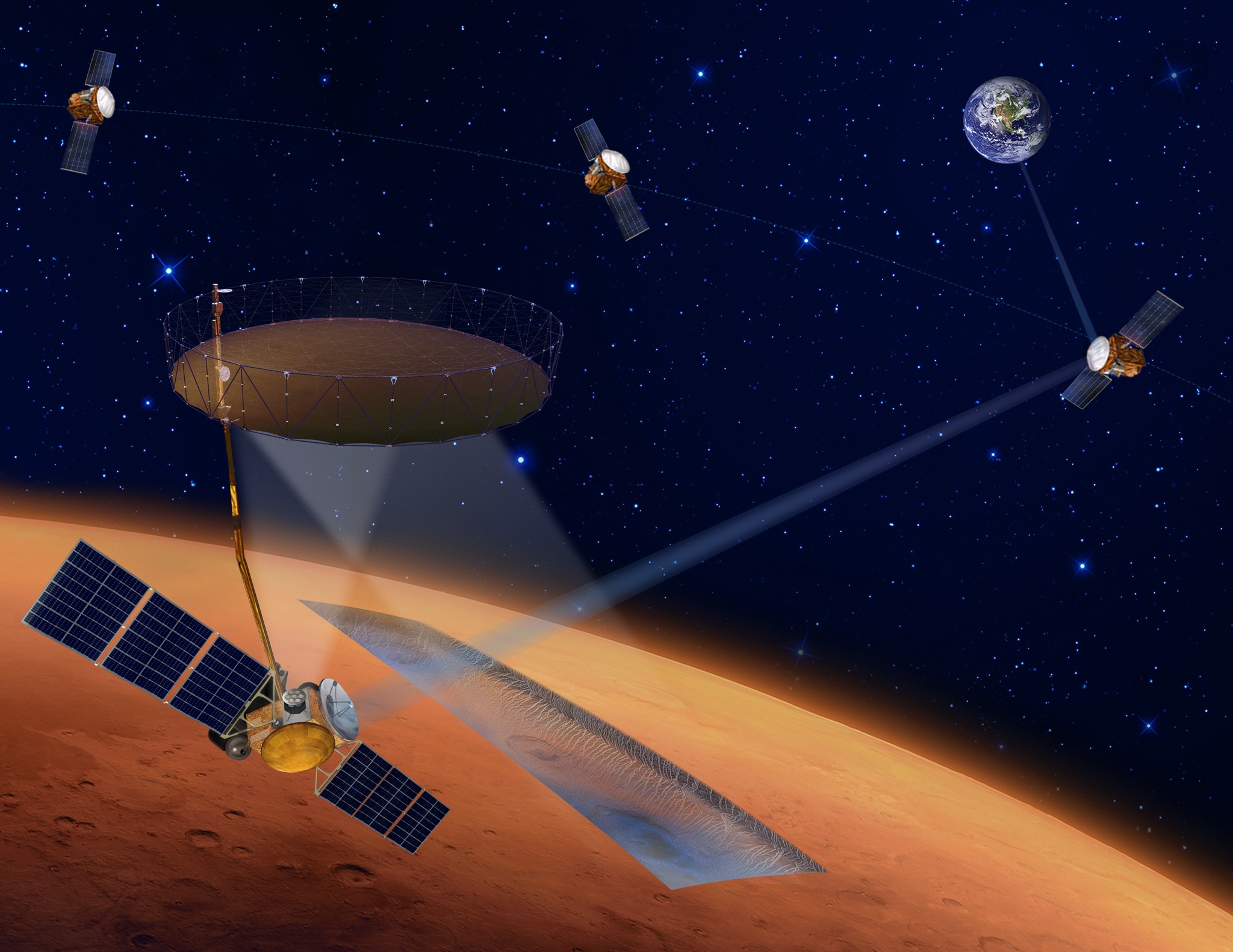 This artist illustration depicts four orbiters as part of the International Mars Ice Mapper (I-MIM) mission 