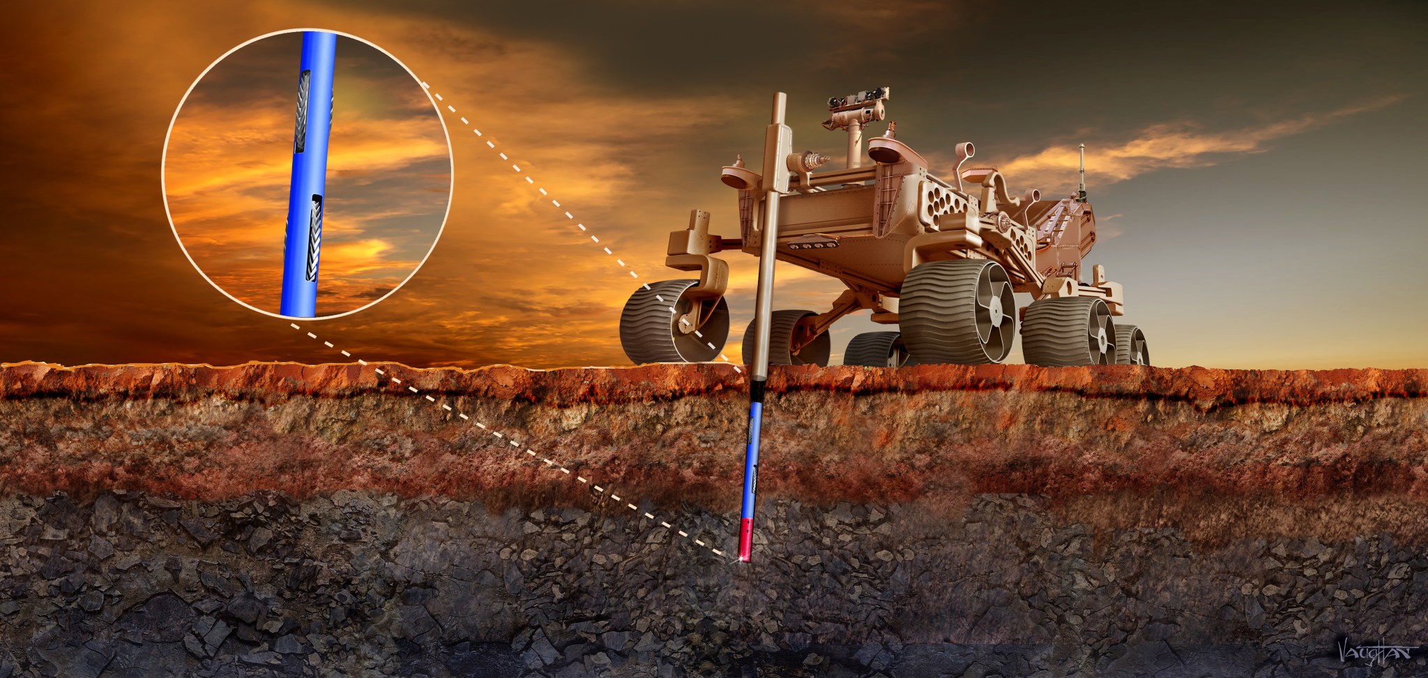 Rover deep drilling on martian surface.