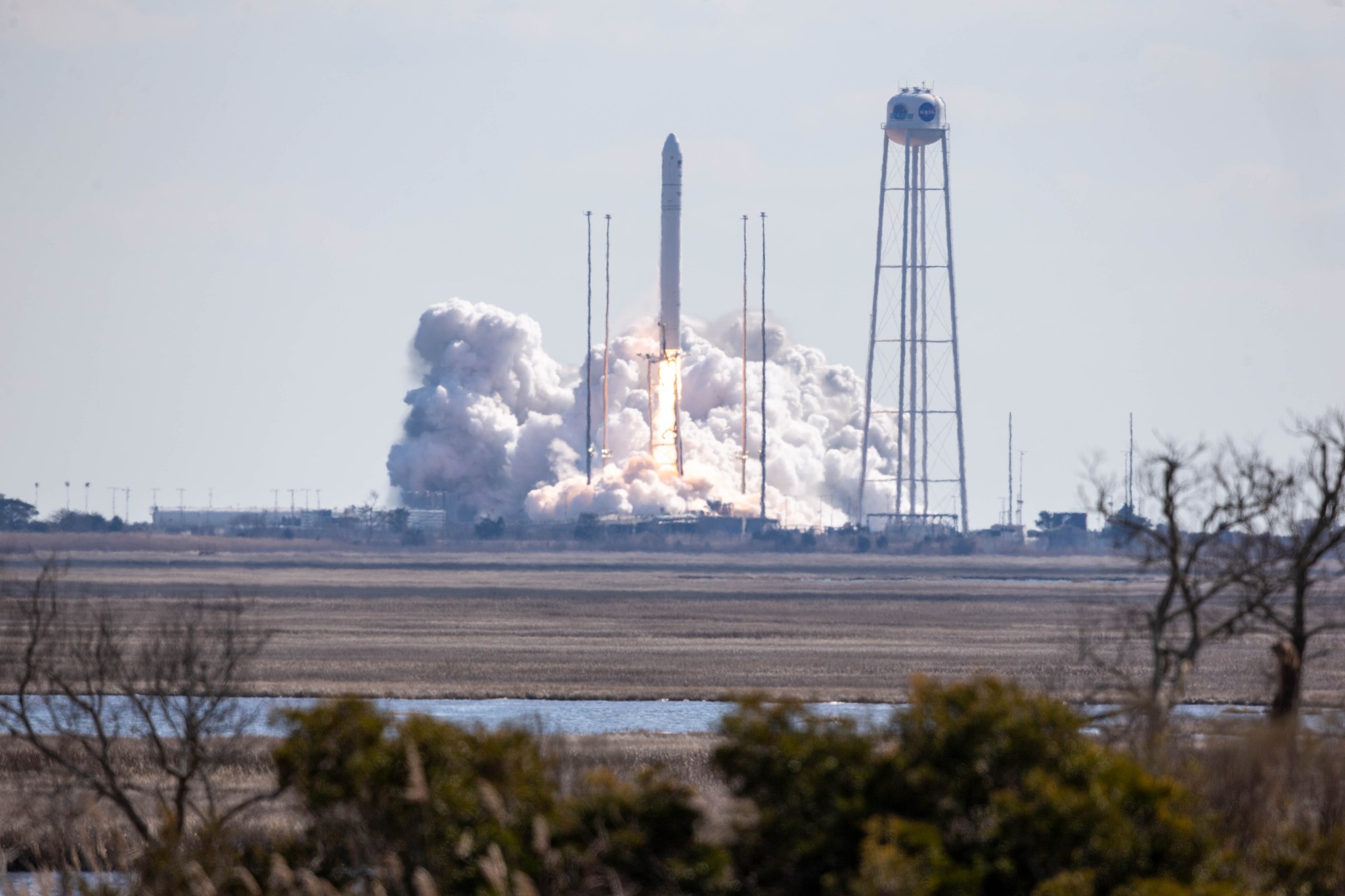The Northrop Grumman Antares rocket, with Cygnus resupply spacecraft aboard, launches from Pad-0A, Saturday, Feb. 20, 2021.