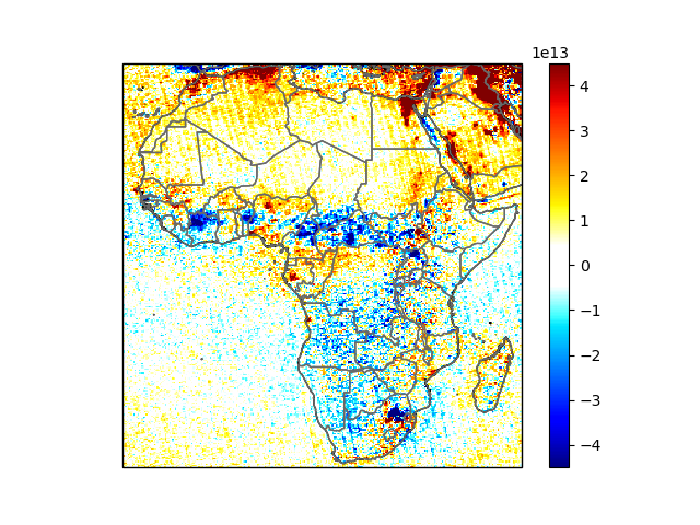 Map of air quality improved over Africa (represented by decreasing NO2 levels shown in blue) in the northern savanna, where biomass burning declined. Blue pixels fill central Africa, as well as southern Africa.