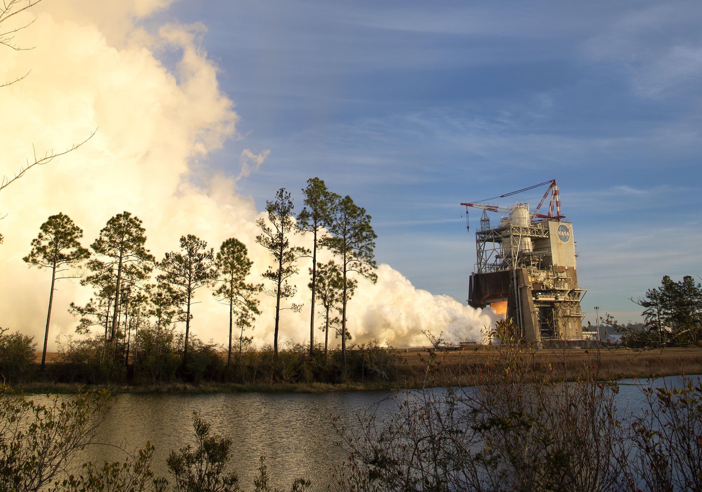 NASA conducts the first hot fire test in a new RS-25 engine test series.