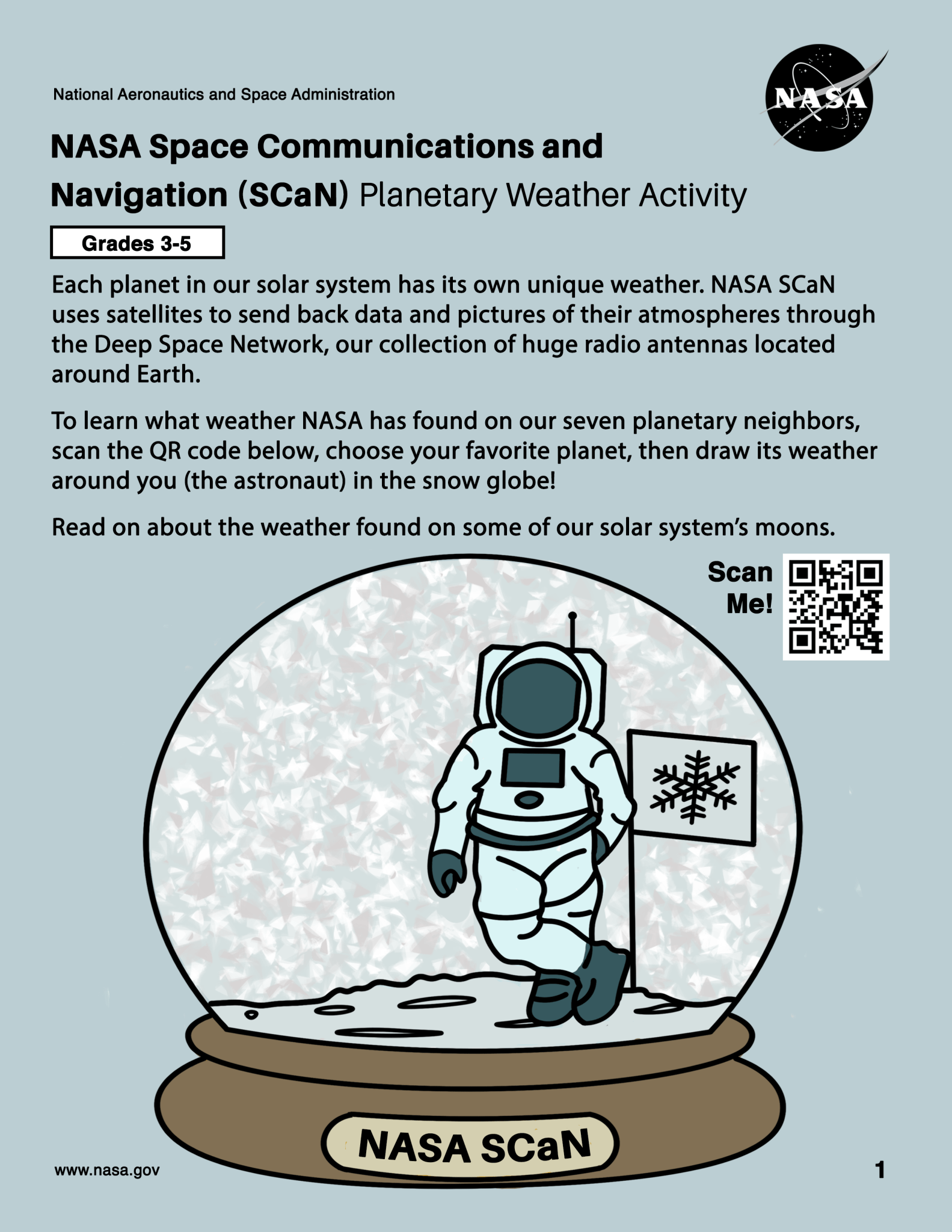 A coloring sheet with an astronaut inside of a snow globe.